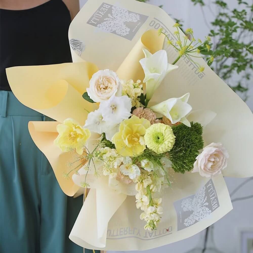Yellow Waterproof Floral Wrapping Paper - 20 Sheets 22x22 Inch Flower Bouquet Paper