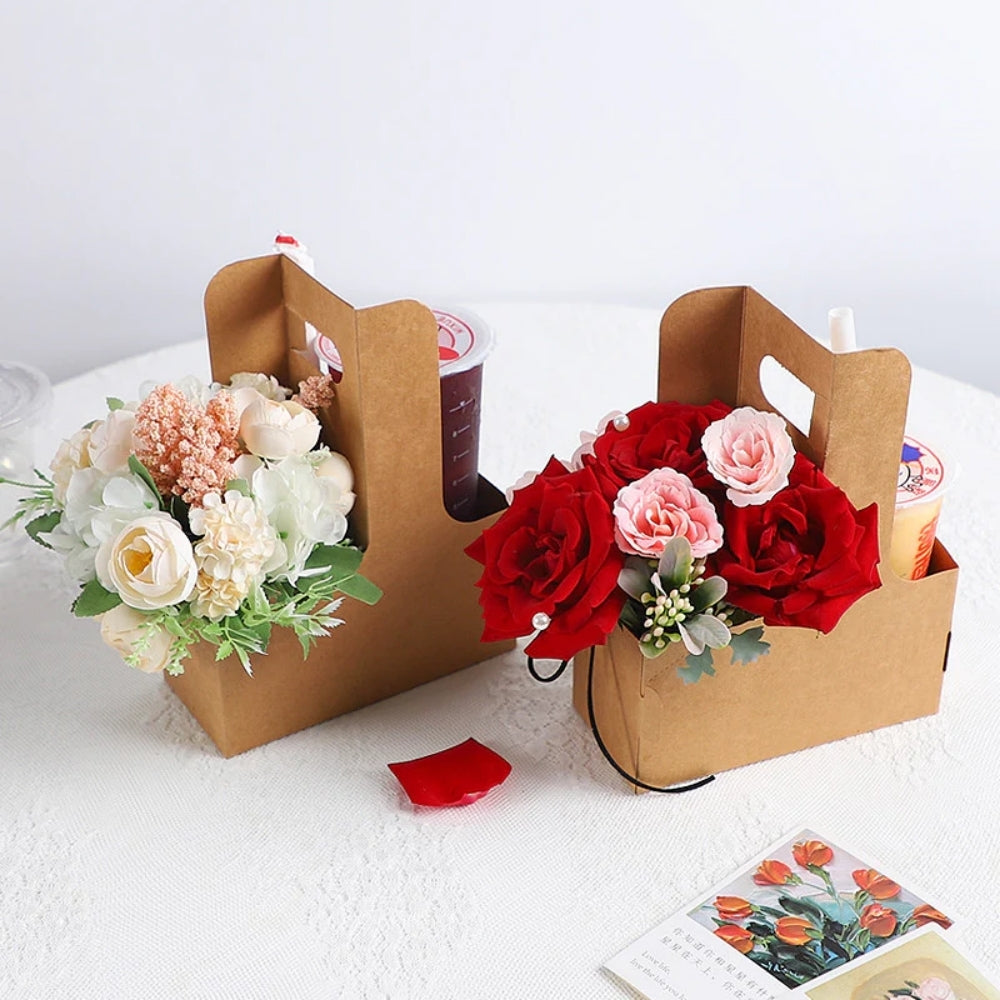 Kraft Paper Coffee Drinks Take Out Boxes Flower Bags for Bouquet