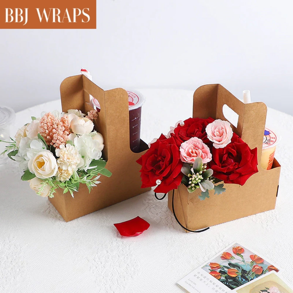 Kraft Paper Coffee Drinks Take Out Boxes Flower Bags for Bouquet With  Handle
