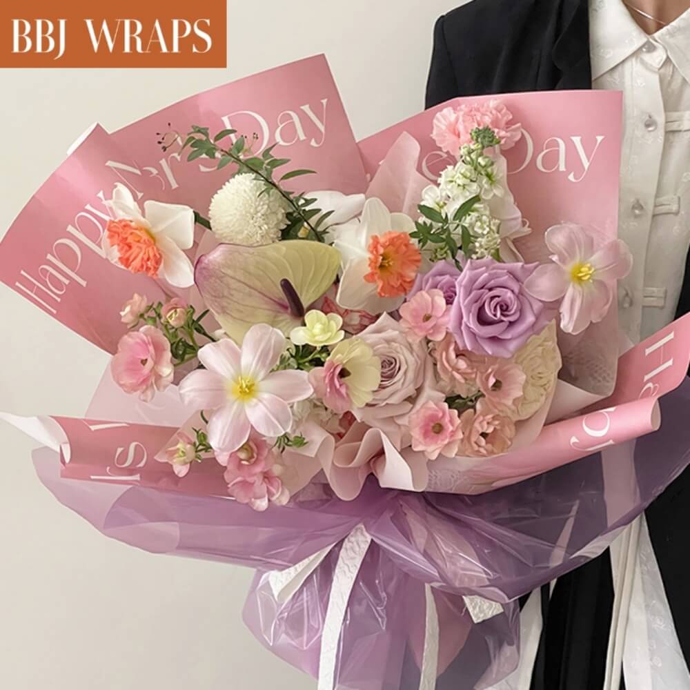 BBJ WRAPS Plastic Flower Wrapping Paper with Line Waterproof Floral Bouquet  Wrapping Paper for Florist Supplies on Valentine's, Mother's Day