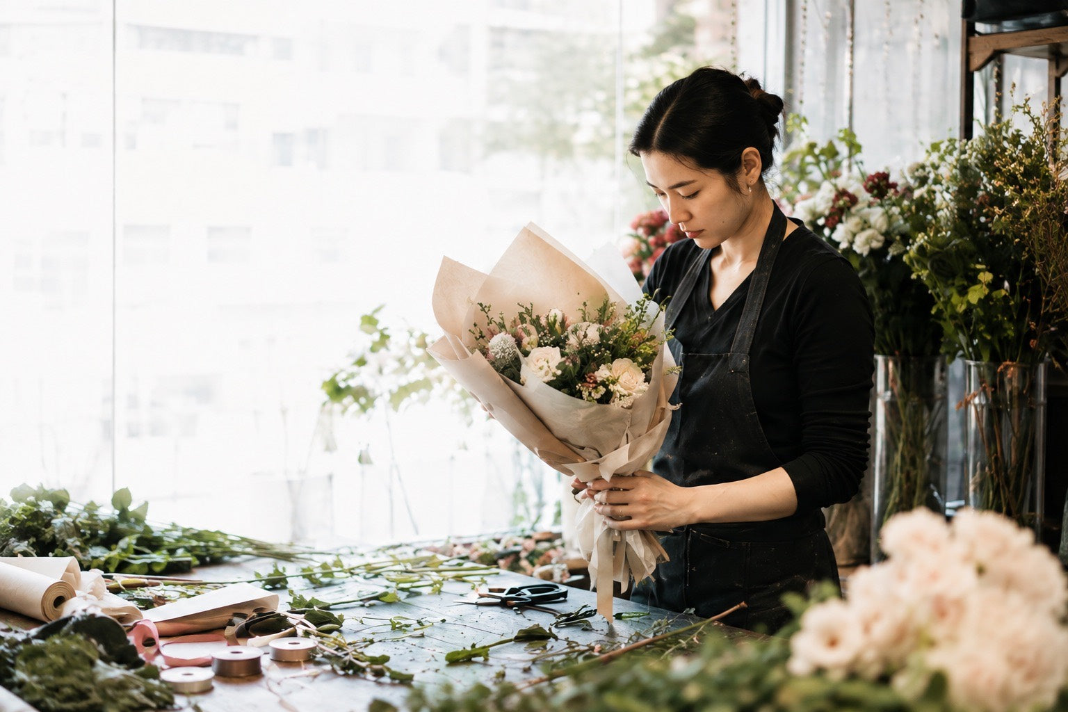 Professional florist arranging flowers in a studio