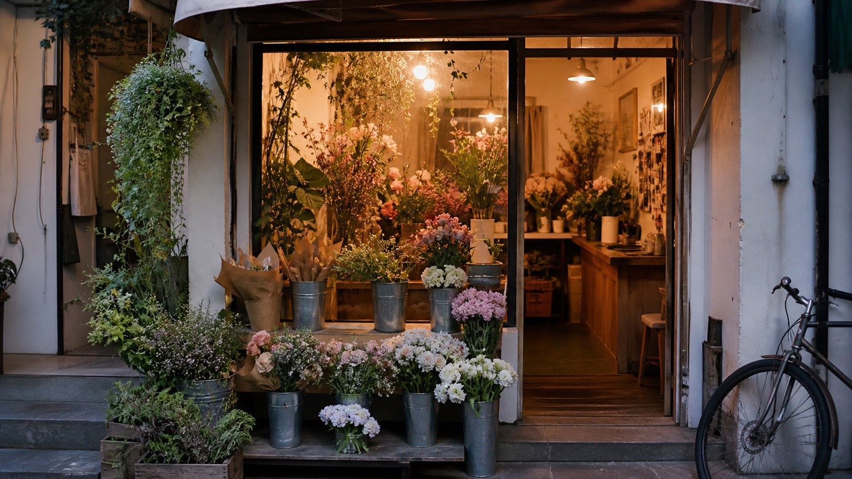 Florist shop window with flowers arranged inside