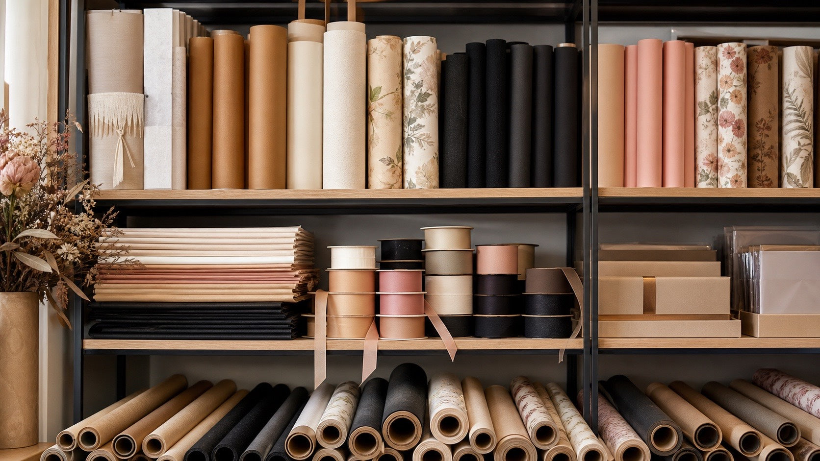 Floral packaging supplies arranged on studio shelving