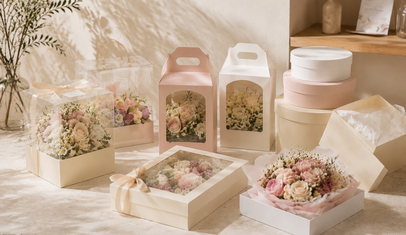 Flower boxes for florist arrangements and bouquet gifts