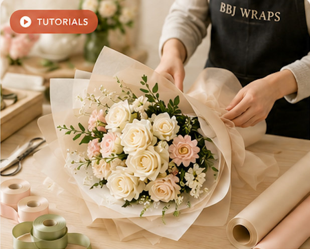 Florist wrapping a Korean-style bouquet