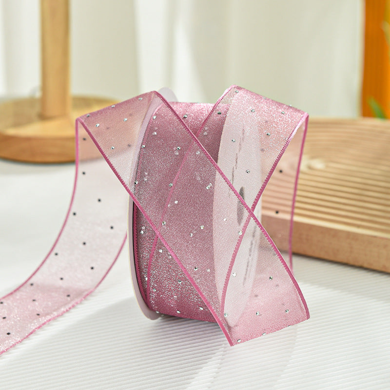Rhinestone Glitter Organza Ribbon for Flower Packaging, 1.0 inch x 9.8 yards - 1 Roll