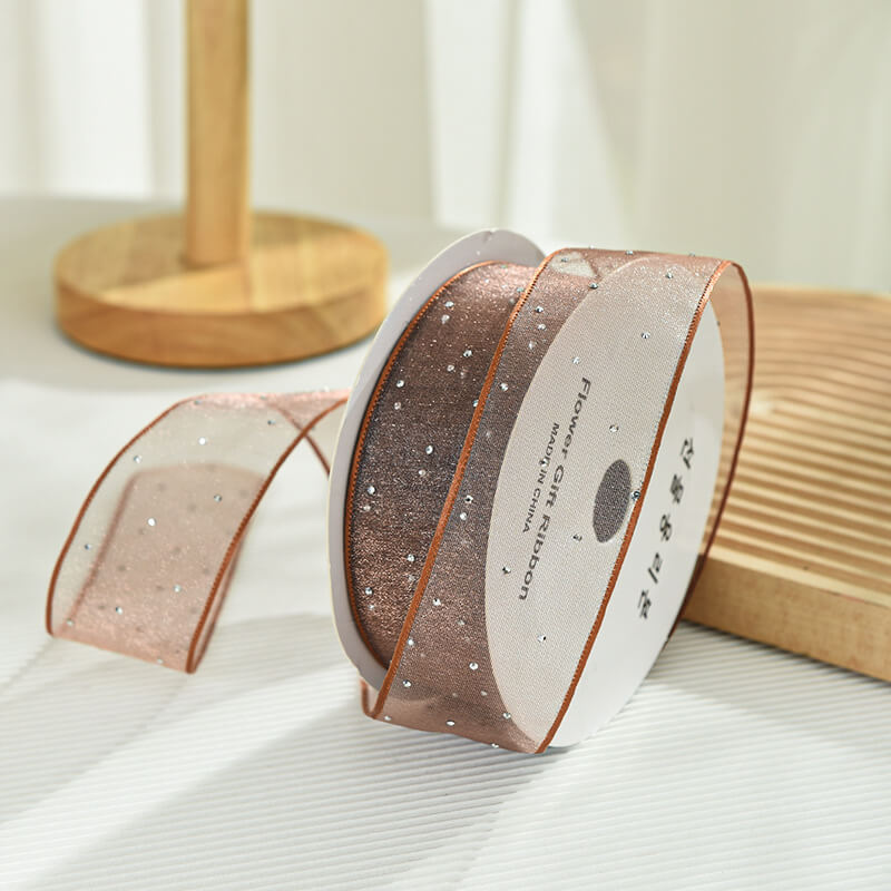Rhinestone Glitter Organza Ribbon for Flower Packaging, 1.0 inch x 9.8 yards - 1 Roll