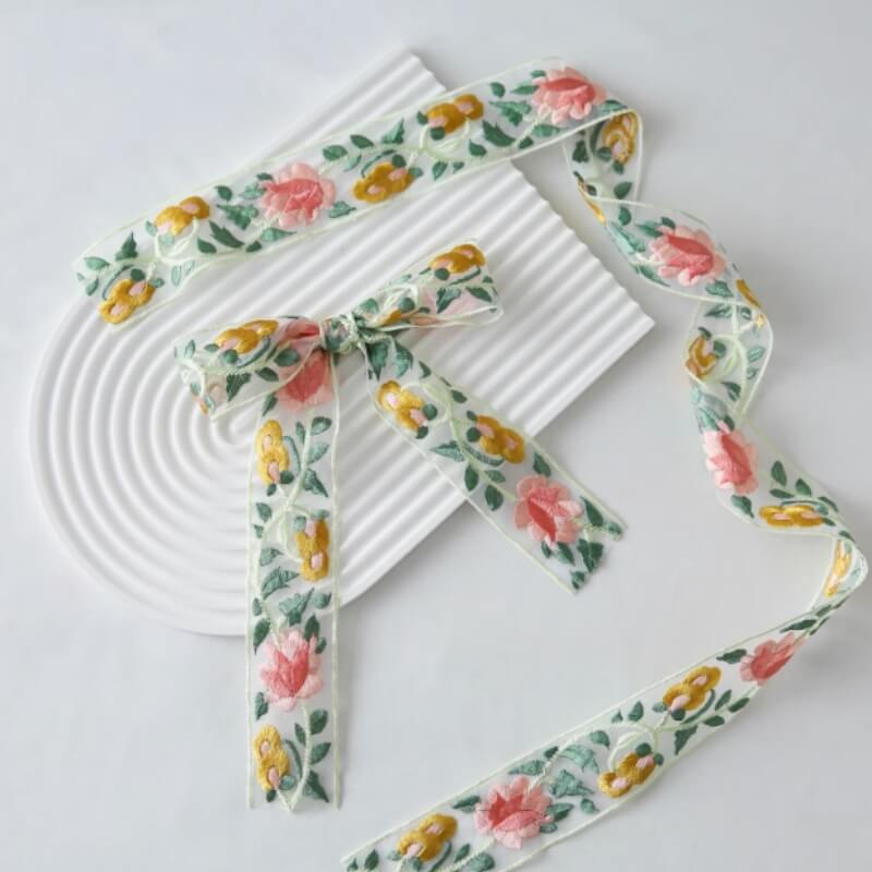 Chinese Embroidery Satin Floral Bouquet Wrapping Ribbon, 1.9 Inch × 3 Yard - 1 Roll