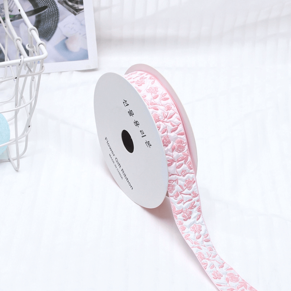 Embossed Rose Satin Flower Ribbon for Floral Gift Decoration, 1 Inch x 9.8 Yards - 1 Roll