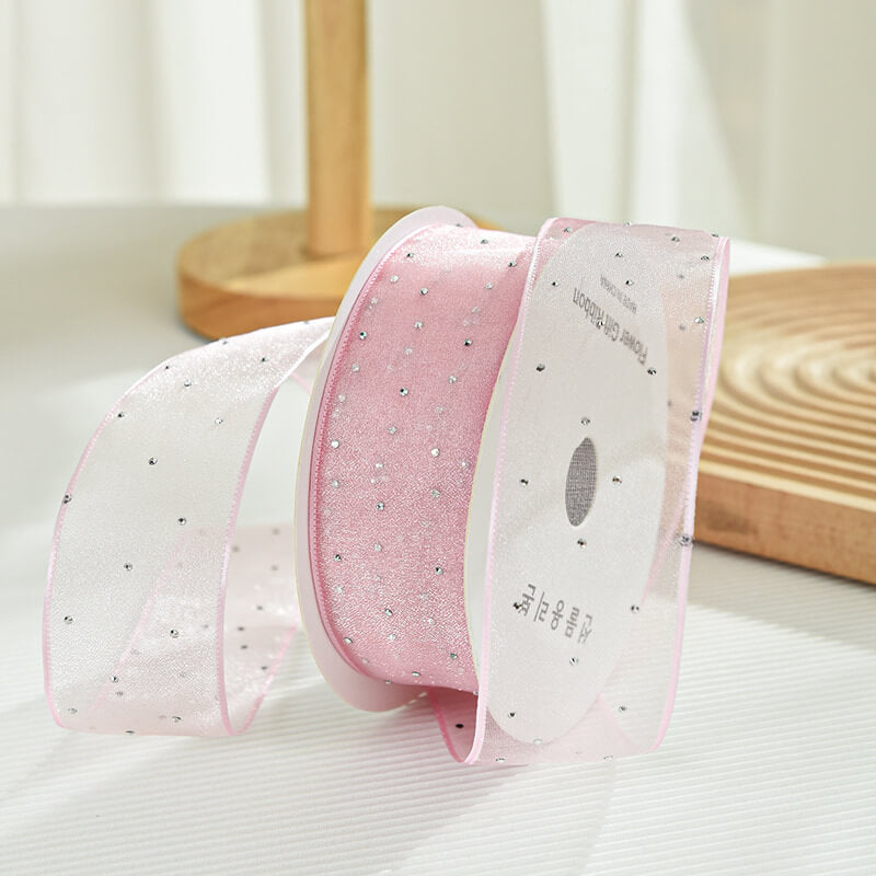 Rhinestone Glitter Organza Ribbon for Flower Packaging, 1.0 inch x 9.8 yards - 1 Roll
