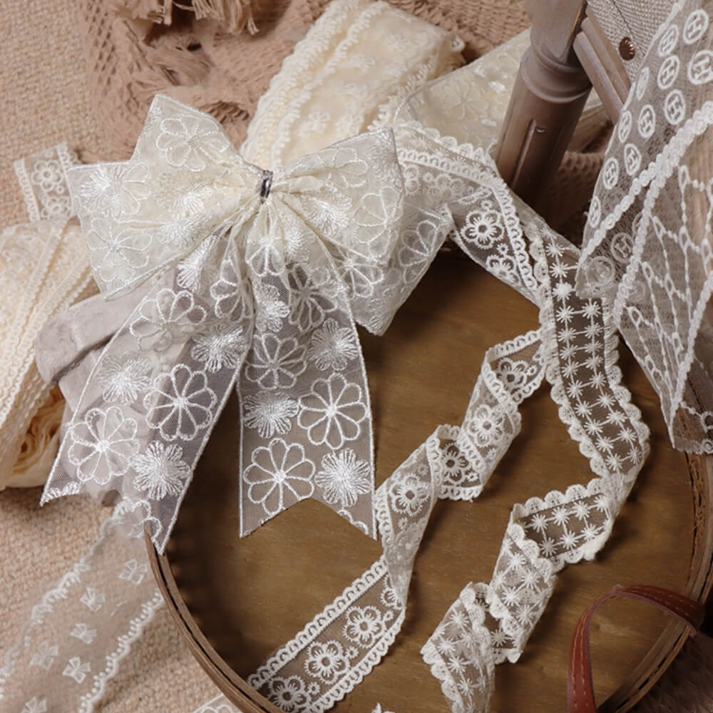 Lace Embroidered Hollow-Out Bow Flower Gift Wrapping Ribbon, 5 Yards