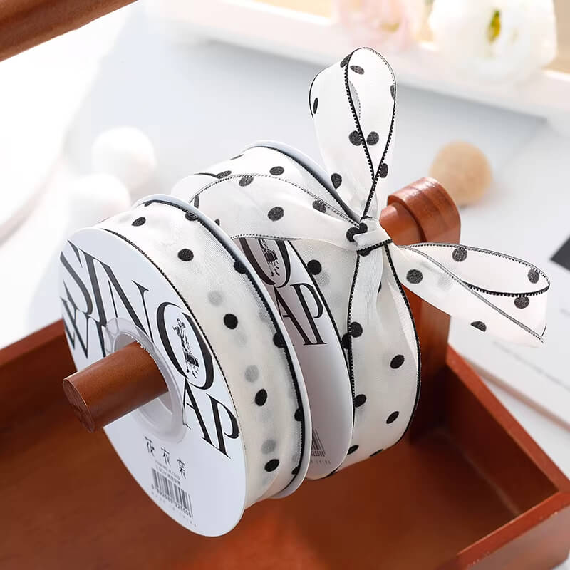 White and Black Satin Ribbon for Flower Bouquets Floral Bow Ribbon with Printed Pattern Elegant Flower Wrapping Ribbon for Florist Supplies, 1 Inch × 15 Yards - 1 Roll