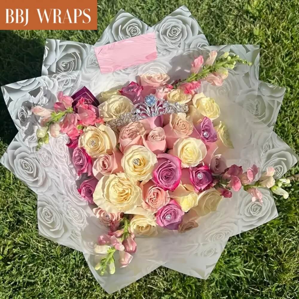 White Roses Wrappings Rose Beauty Waterproof Floral Wrapping Paper, 22.4×22.4 Inches - 20 Sh ...