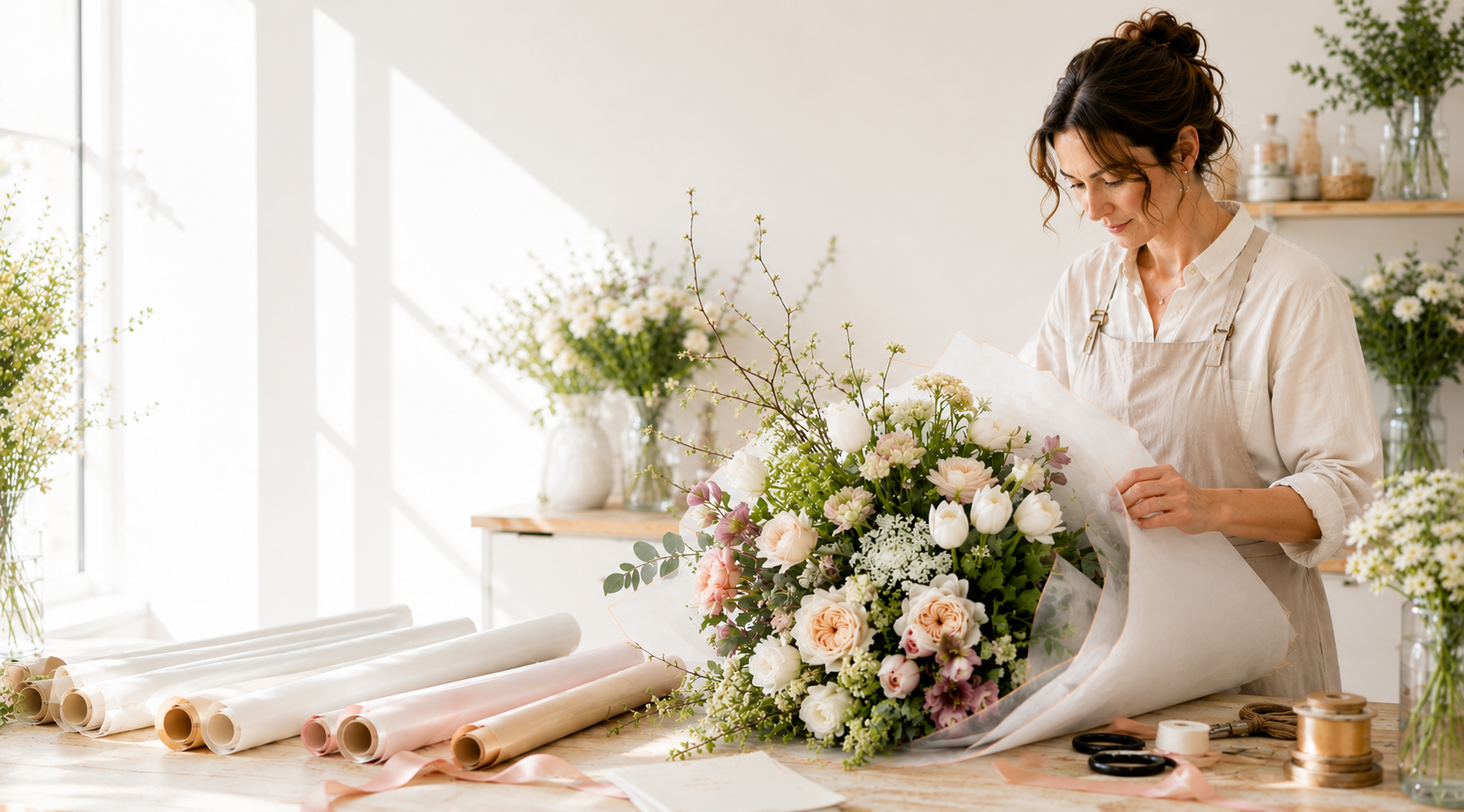Florist wrapping a premium bouquet in a bright flower studio