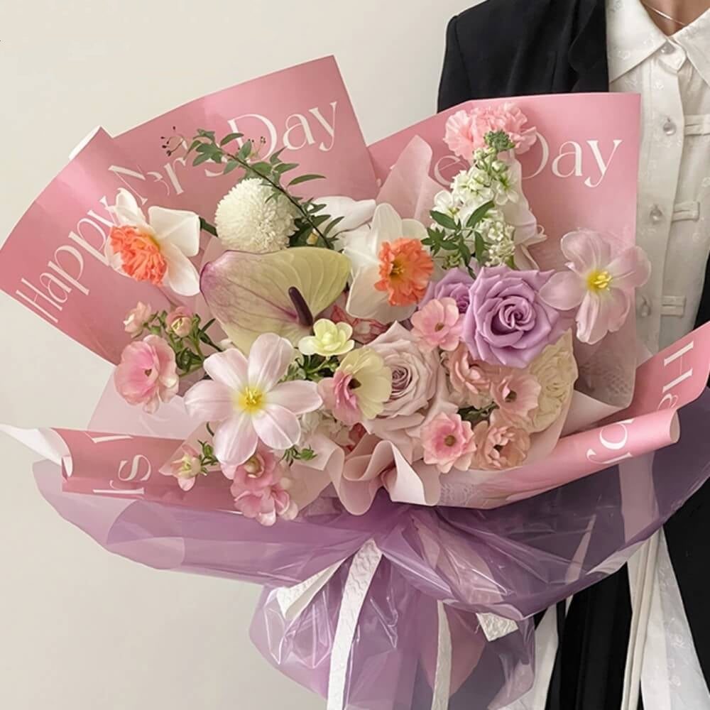 Pink Flower Wrapping Paper Bouquet Paper With Gold Border Design