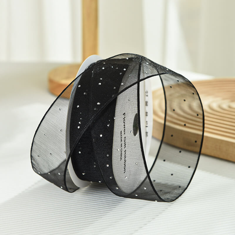Rhinestone Glitter Organza Ribbon for Flower Packaging, 1.0 inch x 9.8 yards - 1 Roll