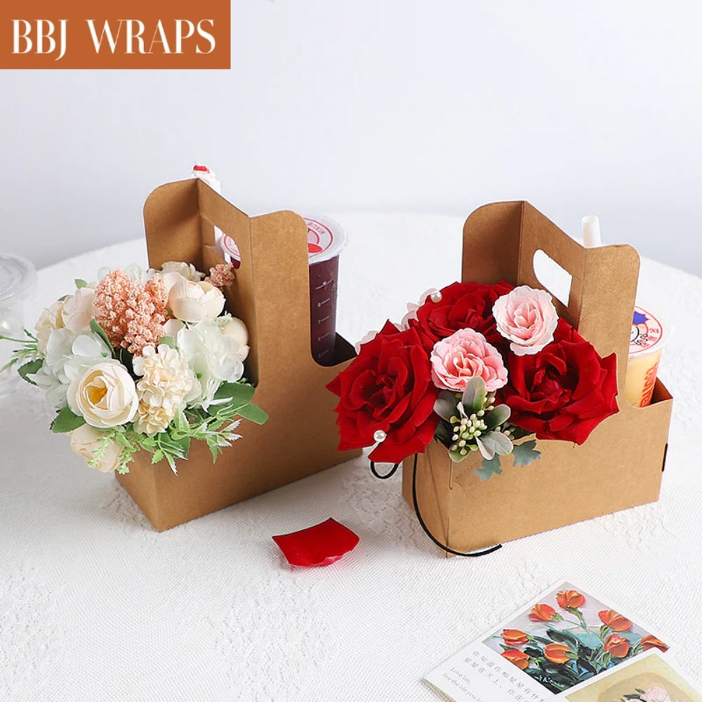 24 Pack Kraft Paper Flower Gift Bags - Disposable 2-Cup Drink Carrier With Handle For Coffee & Flowers