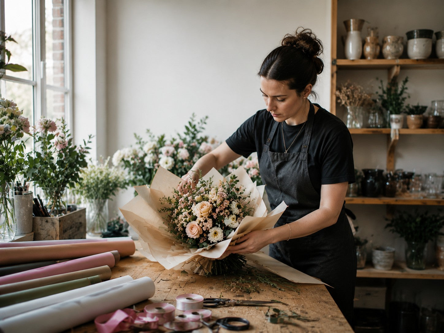 Florist wrapping bouquet