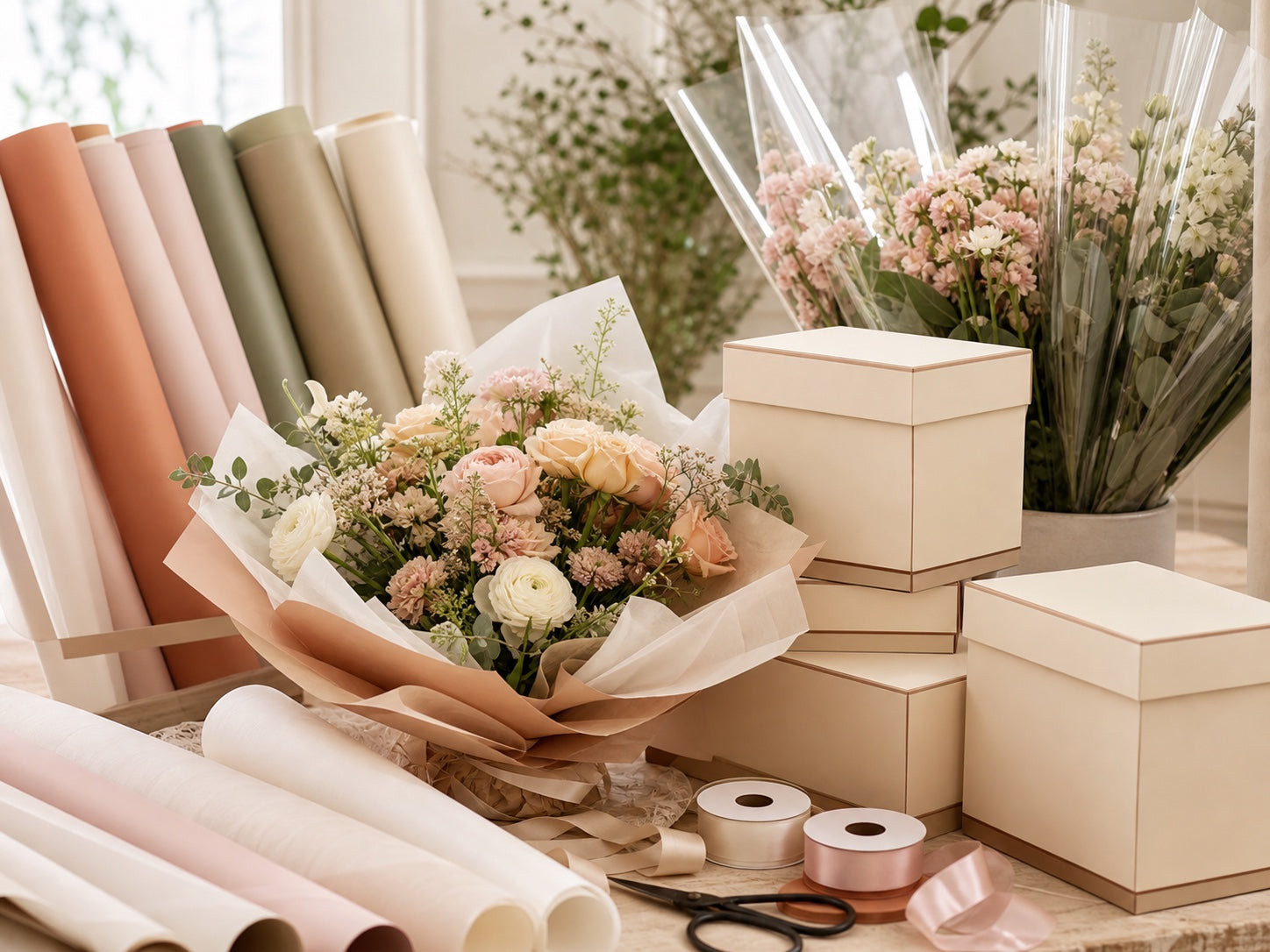 BBJ WRAPS wholesale florist supplies including flower boxes, sleeves, bouquet wrap, and ribbon