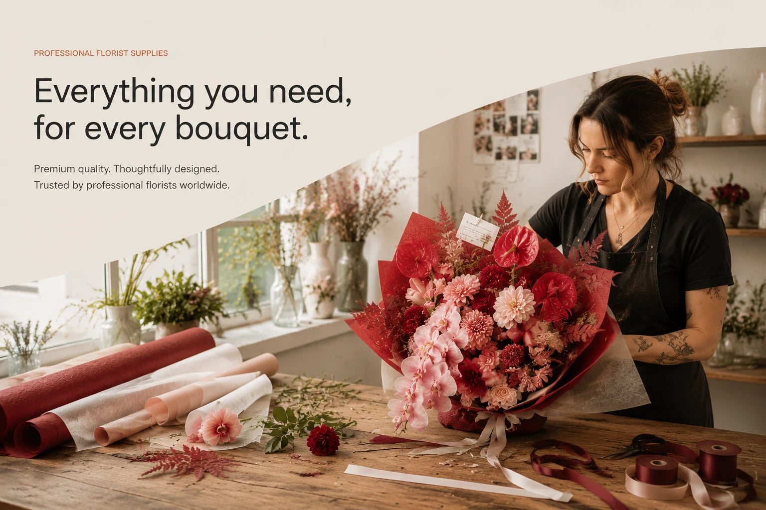 Everything you need for every bouquet. Professional florist arranging a finished bouquet with premium wrapping.
