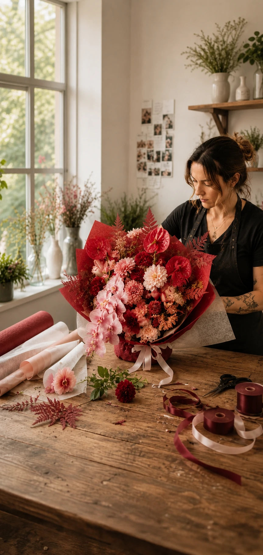 Professional florist arranging a red bouquet in a clean floral studio.