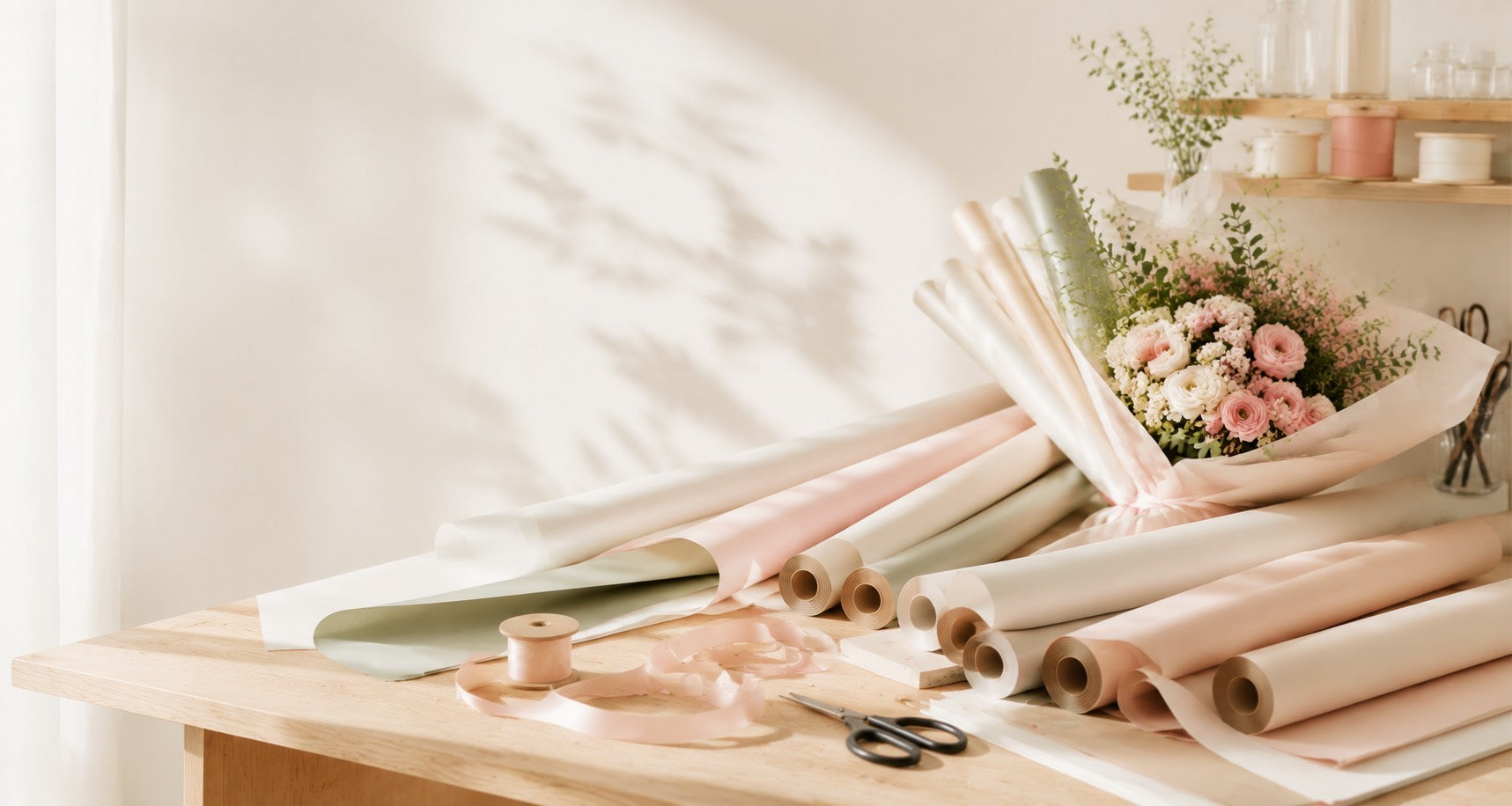 Florist wrapping a Korean-inspired bouquet with premium flower wrapping paper