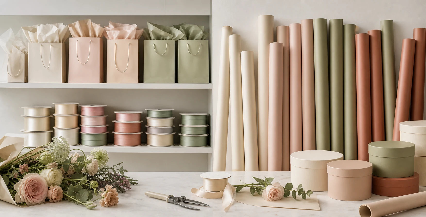 Premium florist supplier showroom with paper rolls bags boxes and ribbon
