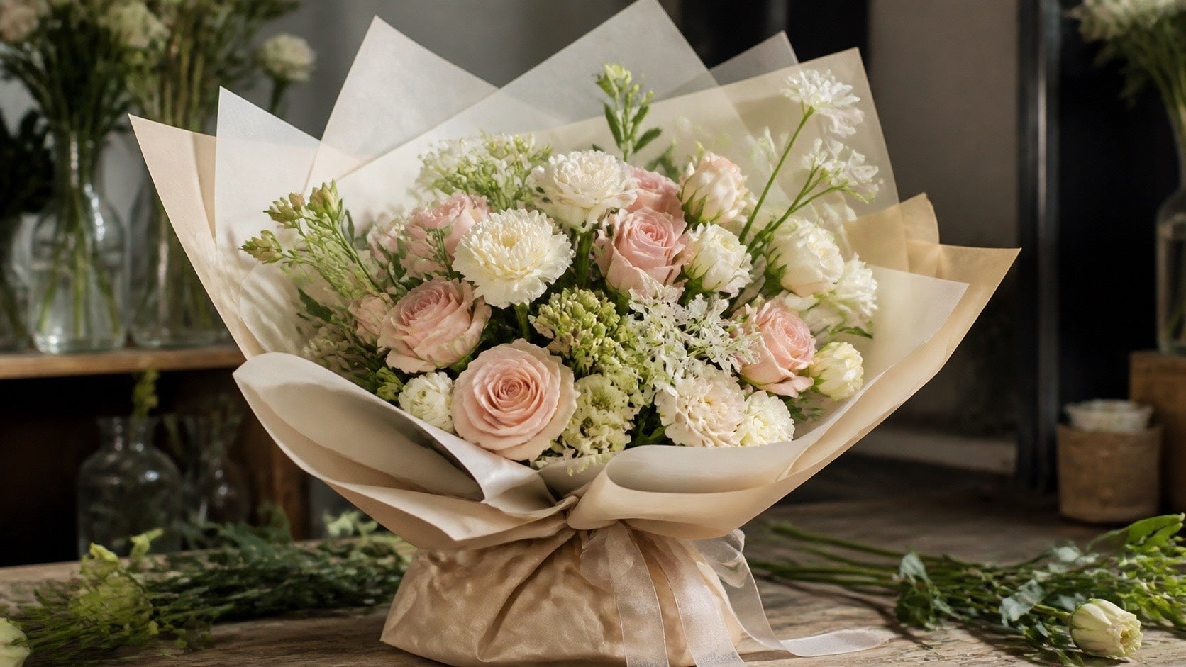 Wrapped bouquet with layered floral presentation