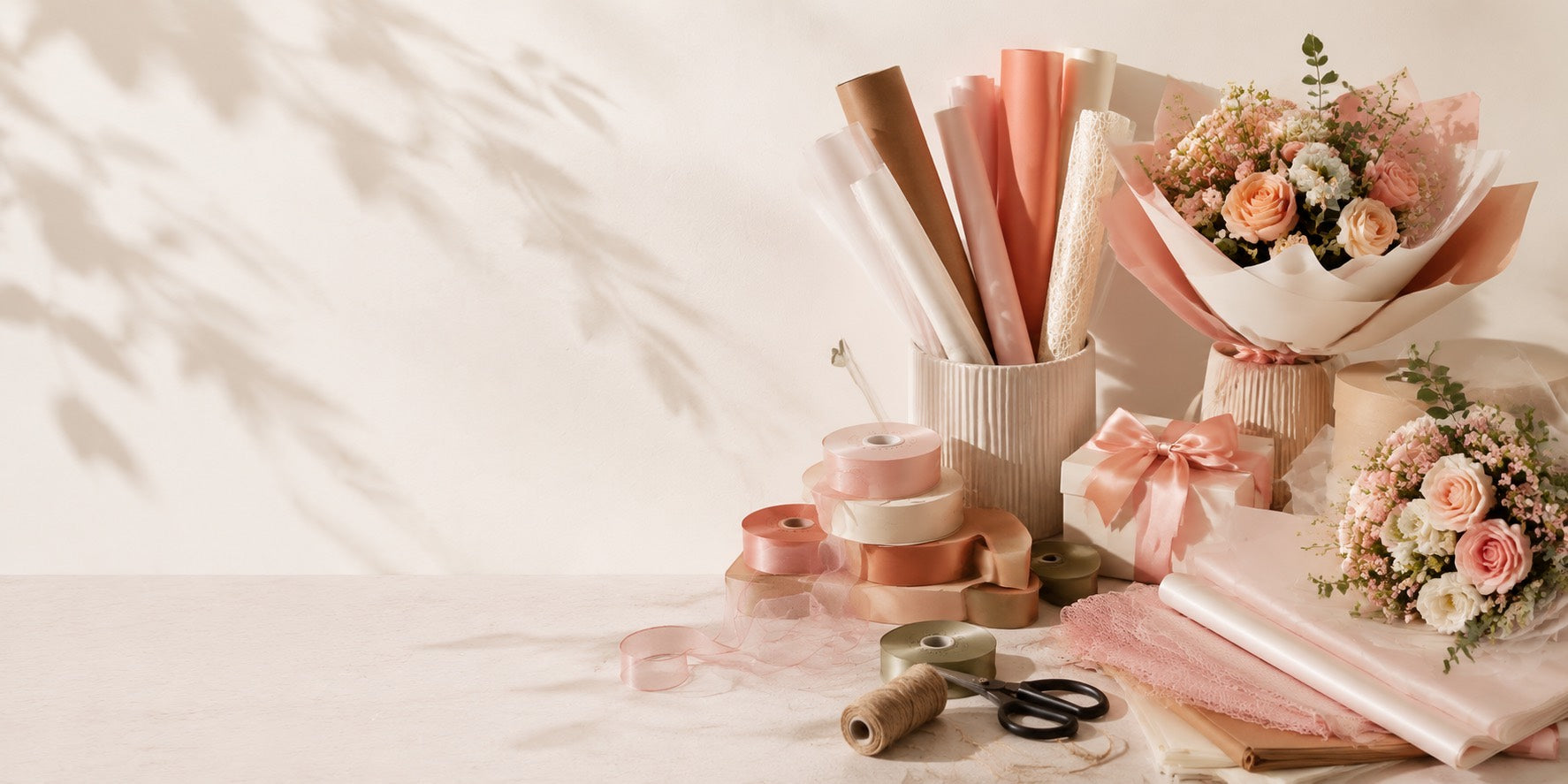Florist sale supplies with wrapping paper, ribbons, and flower bouquets