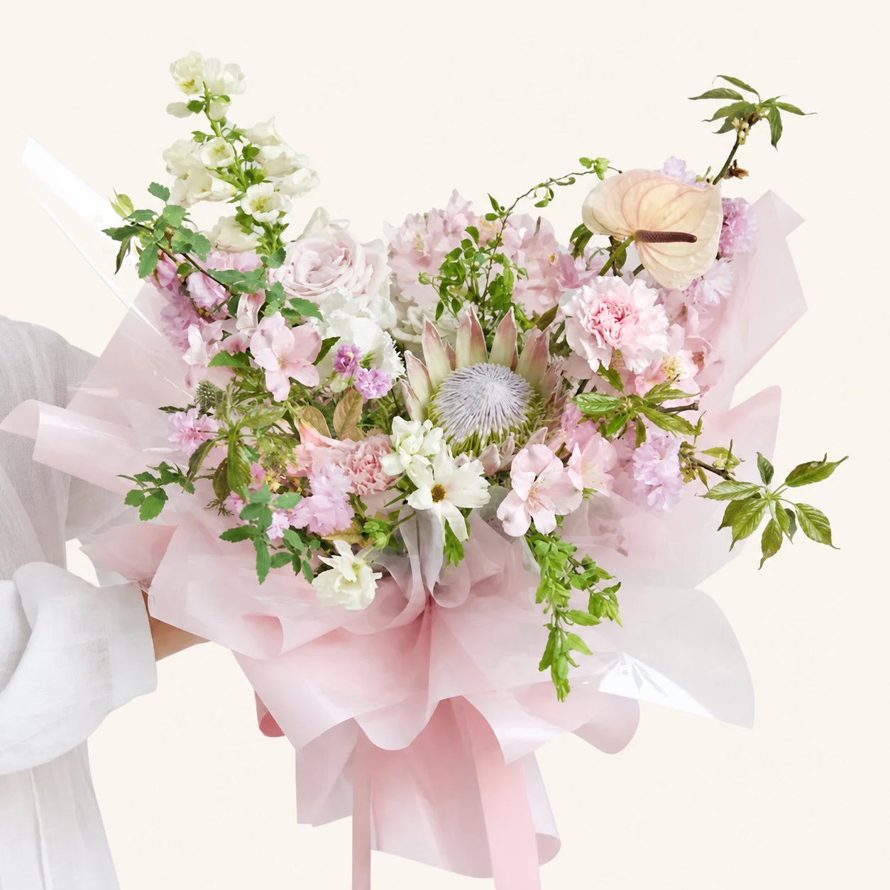 Pink cellophane wrapped bouquet
