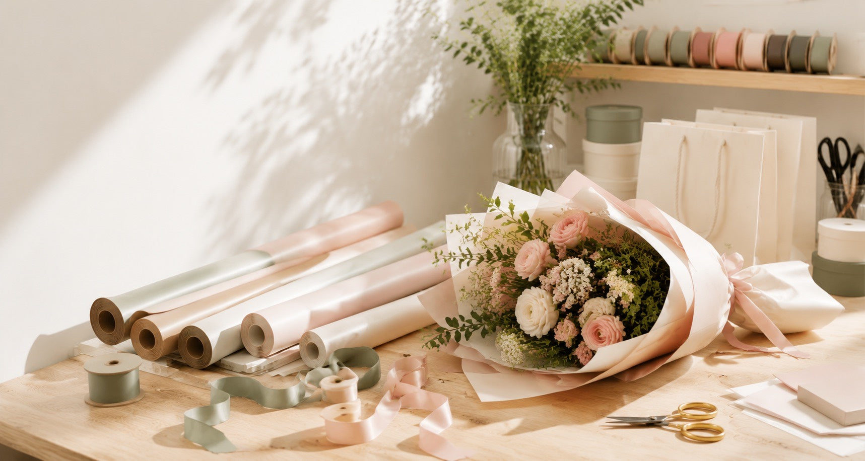 BBJ flower wrapping paper rolls, ribbon, and a finished bouquet on a florist worktable